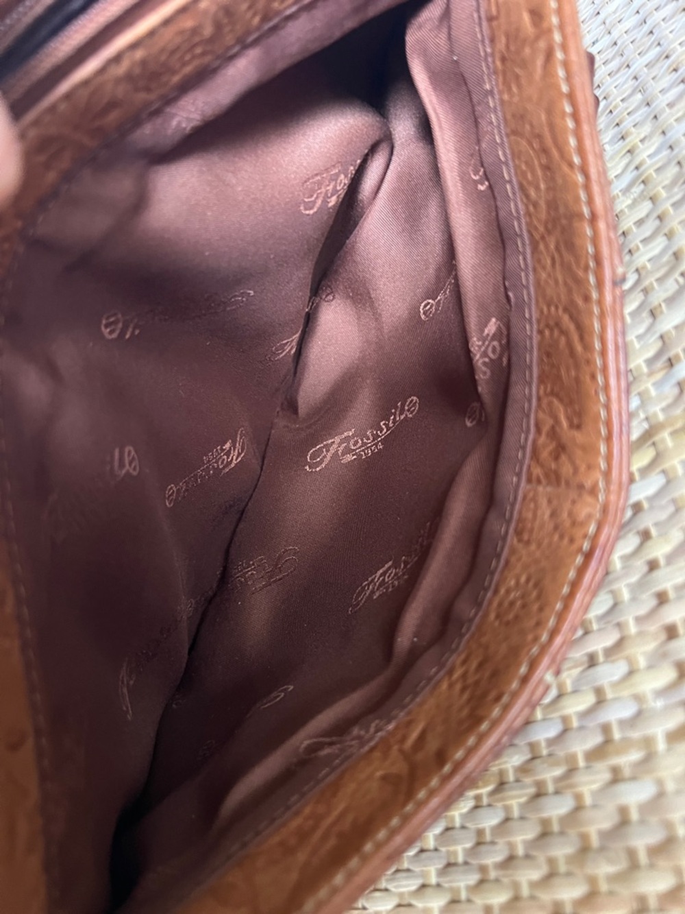Fossil Tooled Floral leather Y2K Satchel Shoulder Bag Caramel Brown Leather - Picture 8 of 13